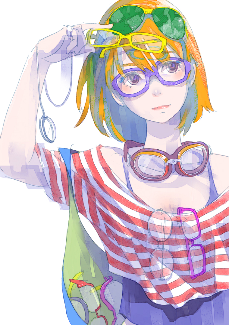arm_up, blush, brown_eyes, glasses, glasses_on_head, goggles, goggles_around_neck, head_tilt