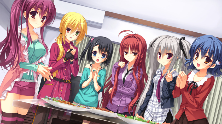 6+girls, 6girls, ahoge, blue_eyes, dracu-riot!, fingerless_gloves, game_cg, heterochromia