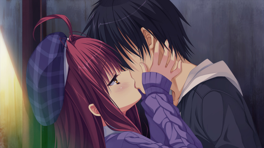 blush, dracu-riot!, game_cg, hat, kiss, miu_yarai, red_hair, yuzusoft