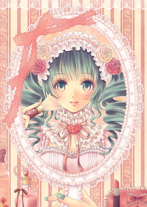 applying_makeup, bangs, bottle, bow, doily, drill_hair, frills, green_eyes