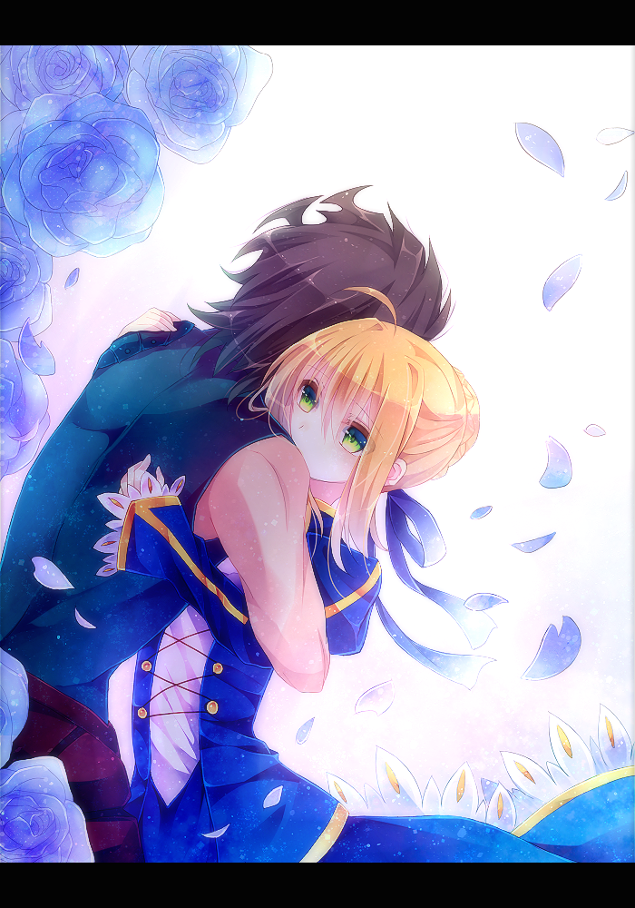 1girl, ahoge, ajuvyrvosjfj, blonde_hair, brown_hair, couple, fate/zero, fate_(series), green_eyes, hair_ribbon, hug, lancer_(fate/zero), long_sleeves, petals, puffy_sleeves, ribbon, saber, short_hair