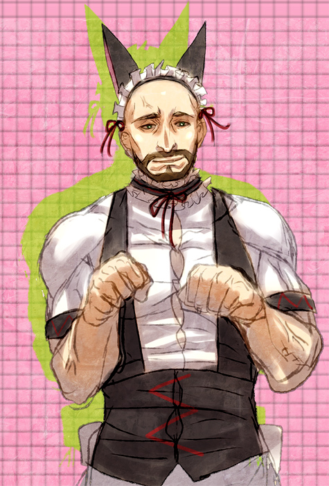 alternate_costume, animal_ears, bald, beard, choker, facial_hair, kitsunen_(kitune_n), kitunen