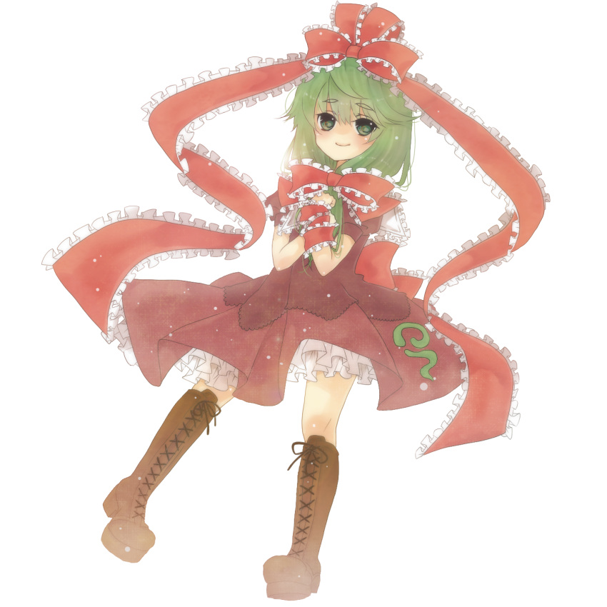 1girl, bad_id, boots, bow, cross-laced_footwear, dress, frills, green_eyes
