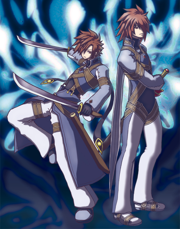 blue_background, brown_hair, coat, cosplay, dual_wielding, hair_over_one_eye, higano_shou, kratos_aurion