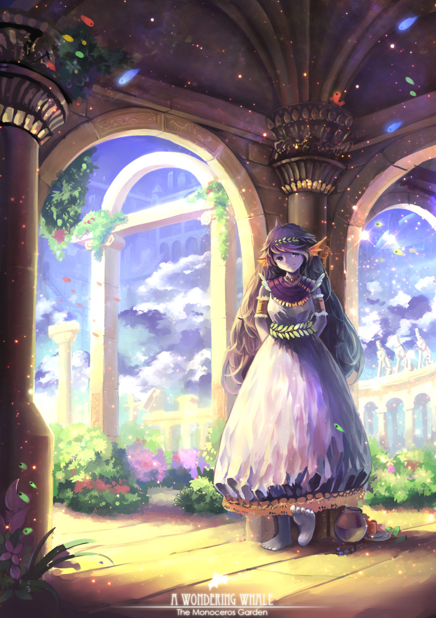 absurdres, against_wall, arm_cuffs, barefoot, brown_hair, cloud, d-ka-satellite, dress