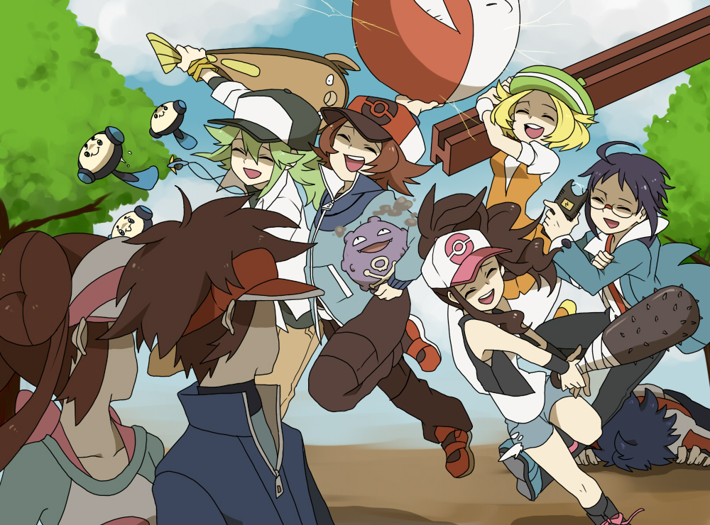 3girls, 5boys, ^_^, ahoge, baseball_bat, baseball_cap, bel_(pokemon), beret, black_hair, blonde_hair, blue_hair, brown_hair, cheren_(pokemon), closed_eyes, club, denim, denim_shorts, double_bun, dress, electricity, electrode, eyes_closed, female_protagonist_(pokemon_bw2), from_behind, glasses, green_hair, hair_buns, hat, hue_(pokemon), jacket, jewelry, jumping, koffing, kyouhei_(pokemon), long_hair, male_protagonist_(pokemon_bw2), mei_(pokemon), midair, multiple_boys, multiple_girls, n_(pokemon), necklace, open_mouth, pantyhose, pokemon, pokemon_(creature), pokemon_(game), pokemon_black_and_white, pokemon_bw, pokemon_bw2, ponytail, raglan_sleeves, rival_(pokemon_bw2), sei_(shinkai_parallel), shoes, short_hair, shorts, smile, sneakers, spiked_bat, stunfisk, taser, touko_(pokemon), touya_(pokemon), twintails, tympole, vest, visor, visor_cap, weapon, yandere, you_gonna_get_raped
