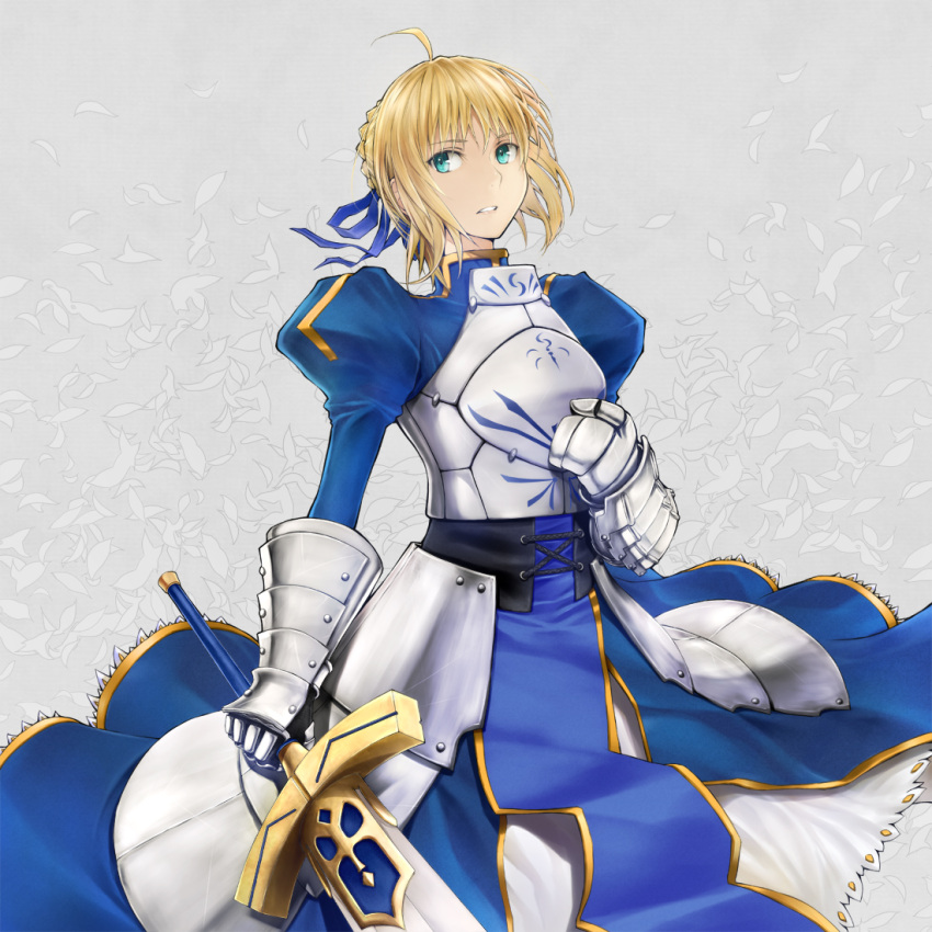 ahoge, armor, armored_dress, blonde_hair, blue_ribbon, dress, excalibur, fate/stay_night