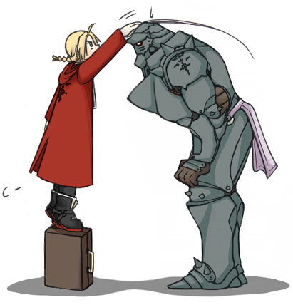 alphonse_elric, armor, brothers, edward_elric, fullmetal_alchemist, height_difference, lowres, multiple_boys, pai_(1111), petting, siblings, suitcase