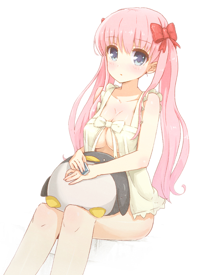 awakumo, babydoll, bird, blue_eyes, blush, bow, breasts, cleavage