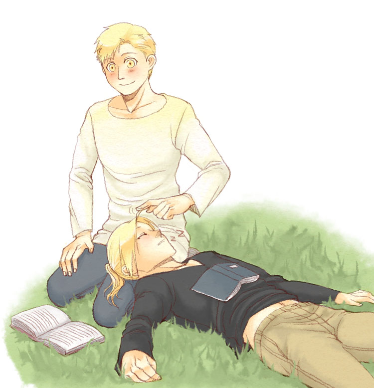 alphonse_elric, blonde_hair, blush, book, brothers, edward_elric, fullmetal_alchemist, grass