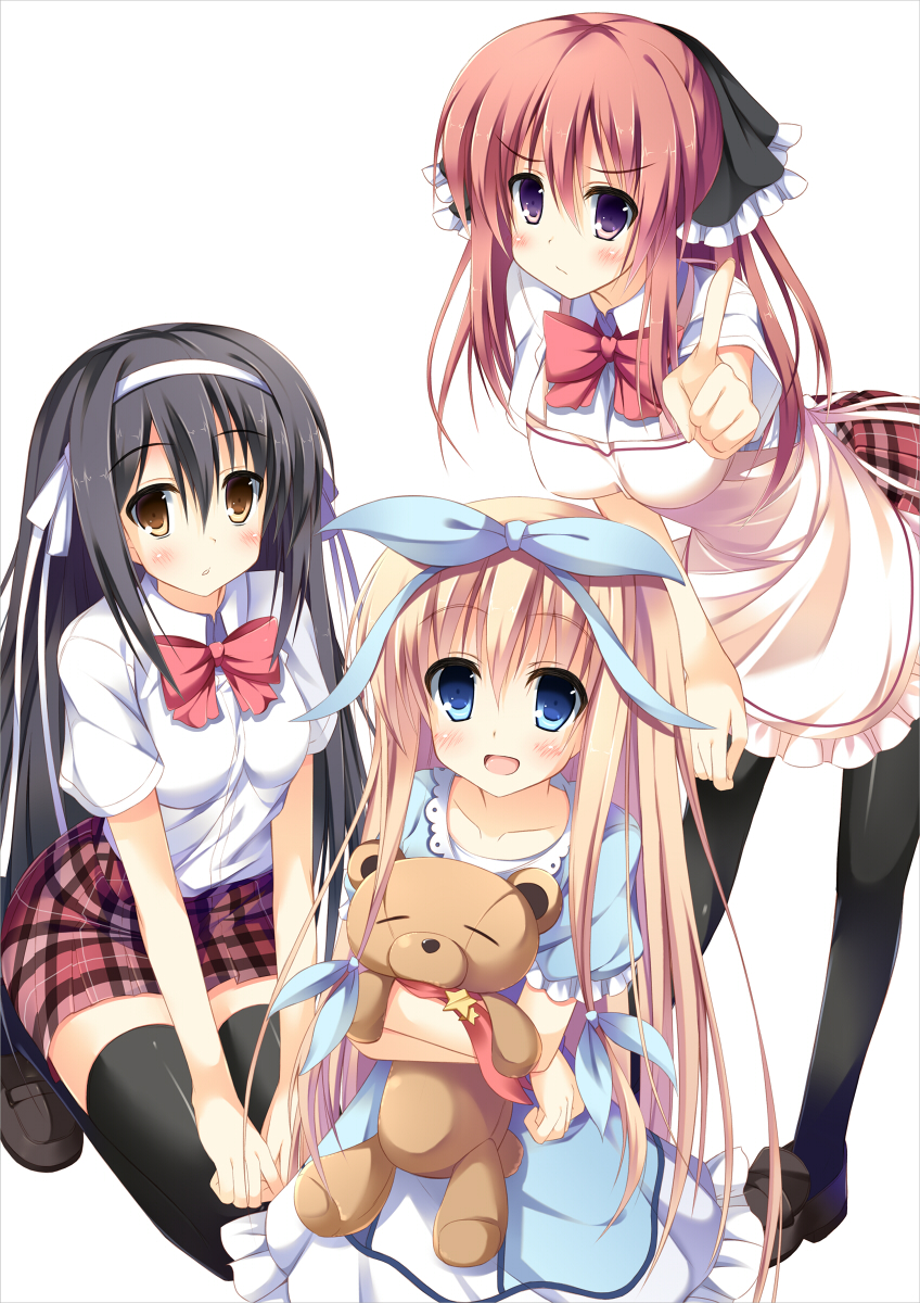 apron, black_hair, black_legwear, blonde_hair, blue_eyes, blush, bow, brown_hair