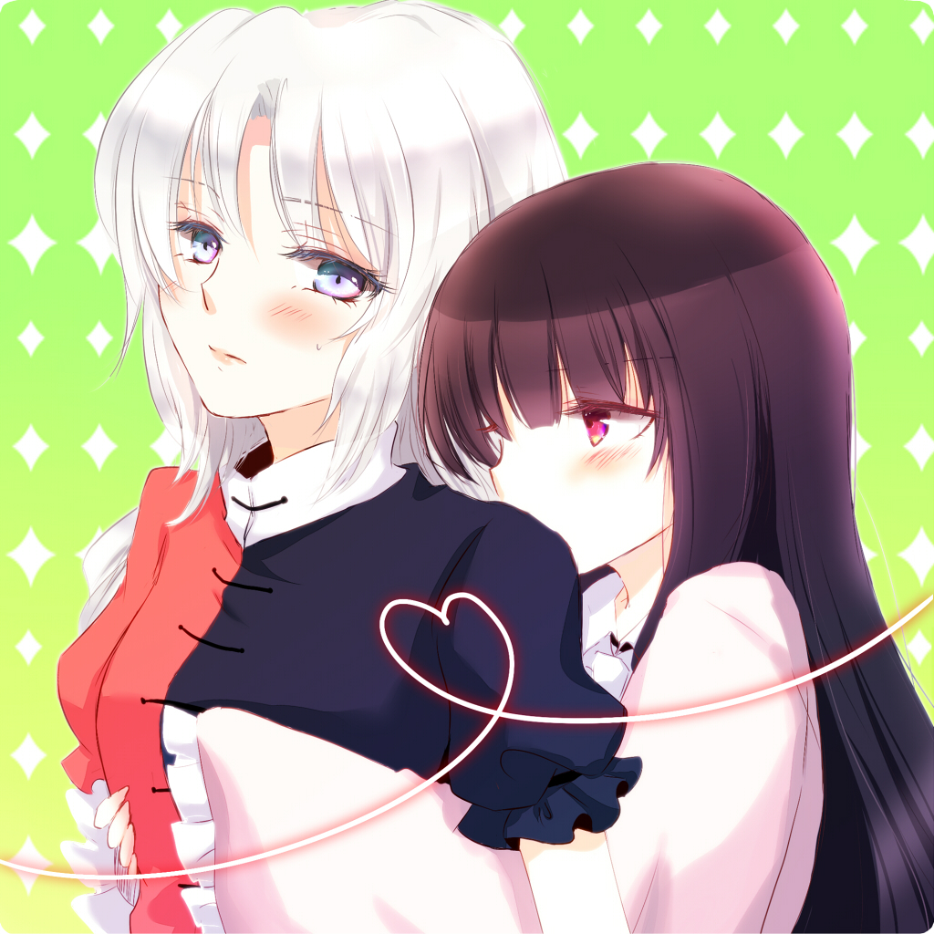 black_hair, blue_eyes, blush, heart, heart_of_string, houraisan_kaguya, hug, long_hair