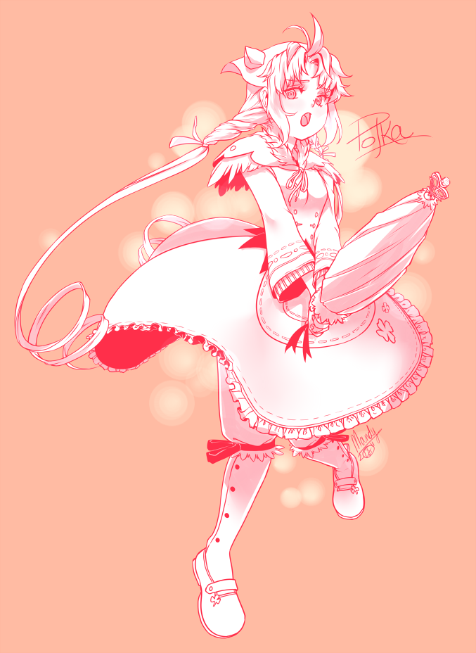 :o, baka_mandy, bloomers, bonnet, boots, character_name, closed_umbrella, curly_hair