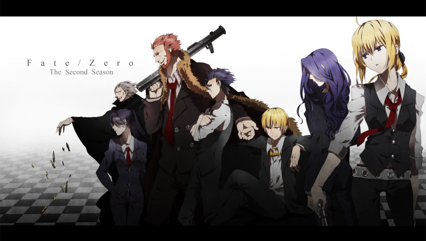5boys, assassin_(fate/zero), bazooka, beard, berserker_(fate/zero), blonde_hair, bullet, cape