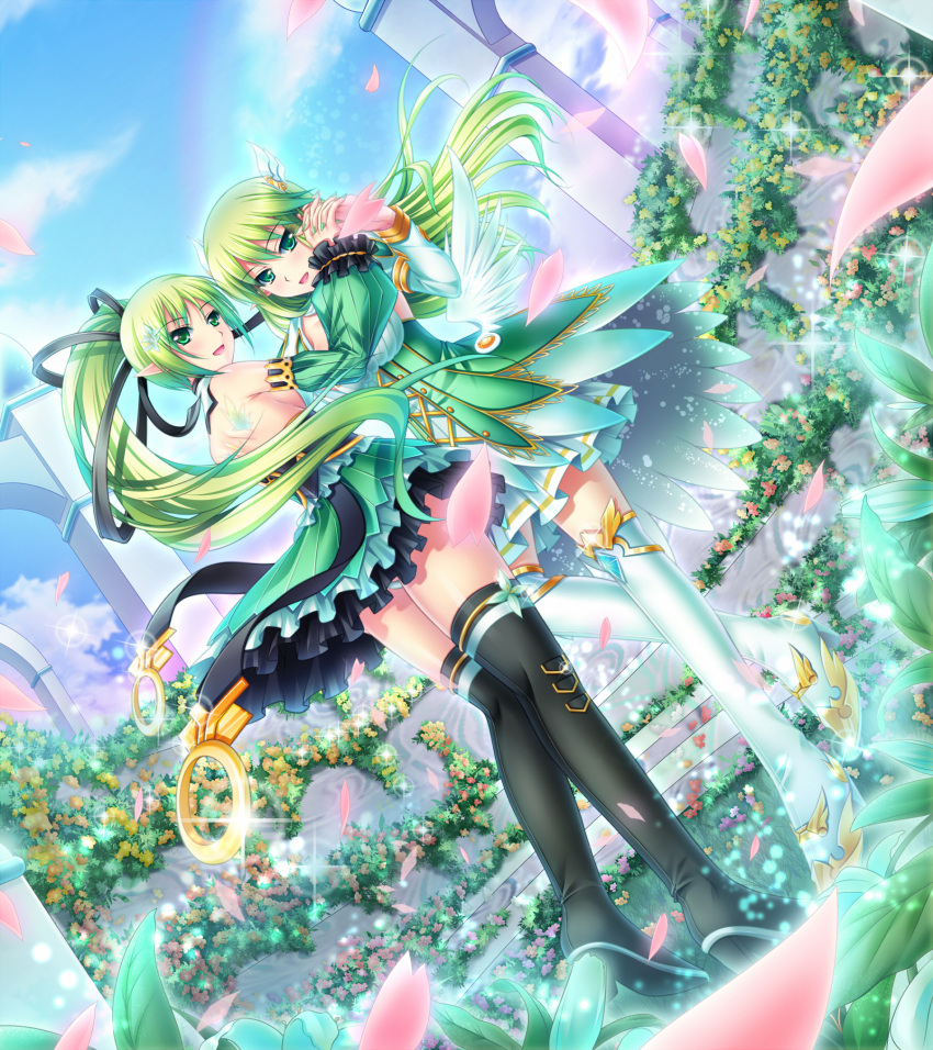 black_legwear, dual_persona, elsword, flower, green_eyes, green_hair, hand_holding, highres