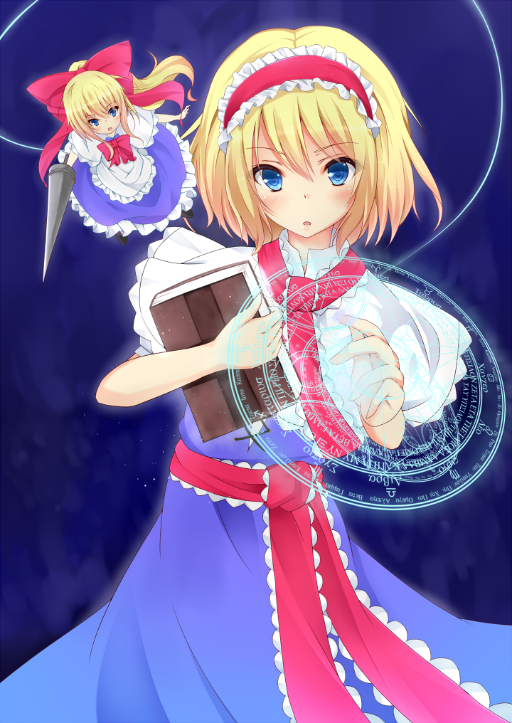 alice_margatroid, bad_id, blonde_hair, blue_eyes, book, bow, capelet, dress