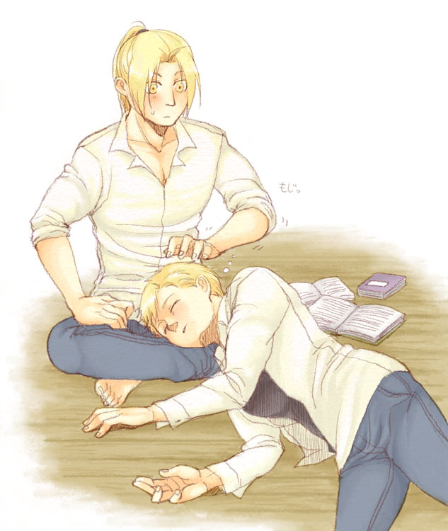 alphonse_elric, barefoot, blonde_hair, blush, book, brothers, edward_elric, fullmetal_alchemist