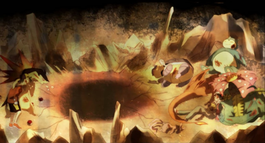 2boys, battle, blastoise, espeon, gold_(pokemon), ground_shatter, hari_(atheos), highres