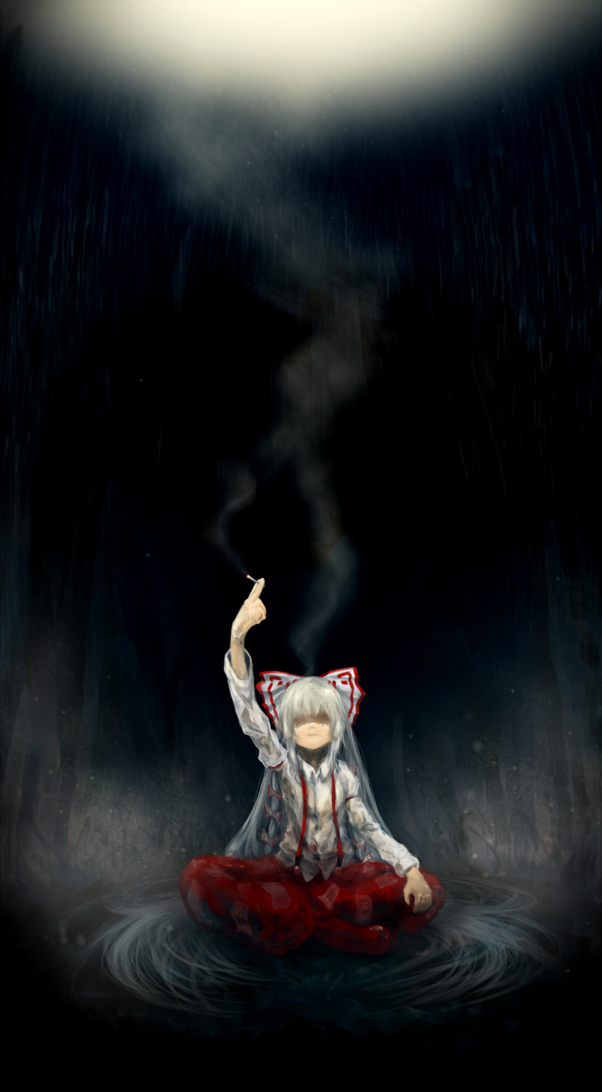 absurdres, arm_up, bow, cigarette, dark, expressionless, forest, fujiwara_no_mokou, hair_bow, hair_over_eyes, highres, indian_style, long_hair, long_sleeves, mimit, nature, pants, puffy_sleeves, rain, shaded_face, shoes, silver_hair, sitting, smoke, smoking, solo, suspenders, touhou, very_long_hair