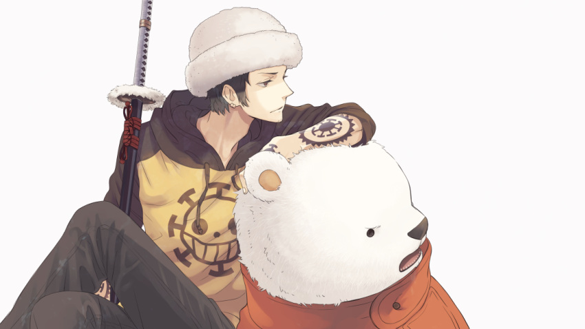 2boys, arm_on_head, bear, bepo, black_hair, crossed_legs, earrings, hat