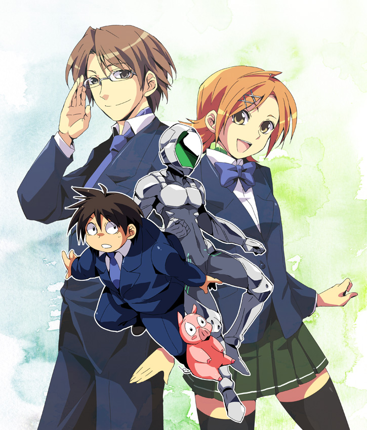 am_(blackant), arita_haruyuki, brown_eyes, brown_hair, glasses, hair_ornament, hairclip, kurashima_chiyuri, mayuzumi_takumu, multiple_persona, necktie, open_mouth, orange_hair, pig, ribbon, school_uniform, skirt, smile, thigh-highs, thighhighs