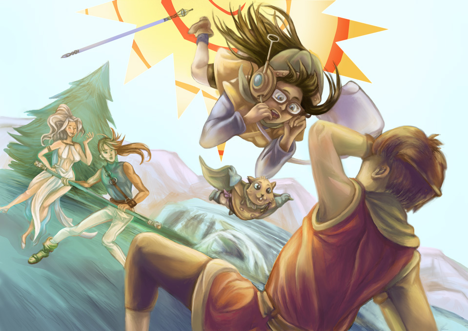 2boys, 2girls, brown_hair, chrono_trigger, crossover, floriflore, gap, gensou_suikoden