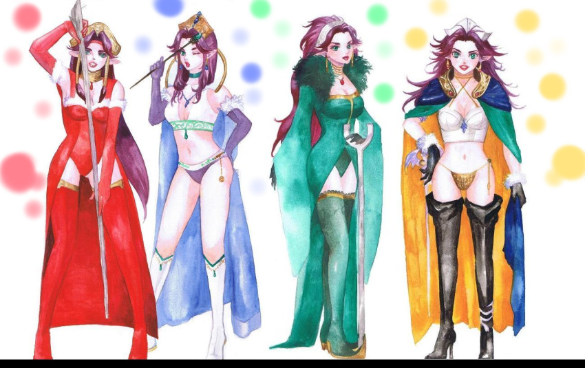 angela, arch_mage, bikini, boots, breasts, cape, choker, cleavage, dress, earrings, elbow_gloves, gloves, grand_devina, green_eyes, hair_tubes, hat, high_heels, imouto_hitori, jewelry, lipstick, long_hair, magus_(seiken_densetsu_3), makeup, midriff, multiple_persona, necklace, pointy_ears, purple_hair, rune_master, seiken_densetsu, seiken_densetsu_3, shoes, staff, swimsuit, thigh-highs, thigh_boots, thighhighs, traditional_media, wand, watercolor_(medium)