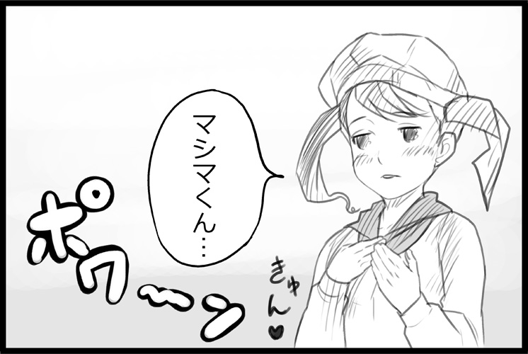 bad_id, blush, comic, hair_ornament, hat, masao, monochrome, solo