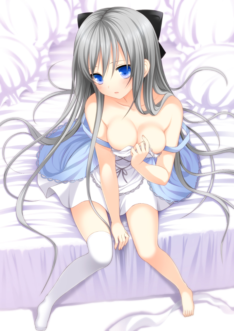 bad_perspective, bare_shoulders, barefoot, bed, bed_sheet, blue_eyes, breasts, bush