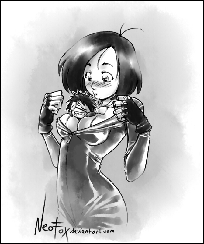 between_breasts, blush, bodysuit, breasts, chibi, cleavage, closed_eyes, cyborg