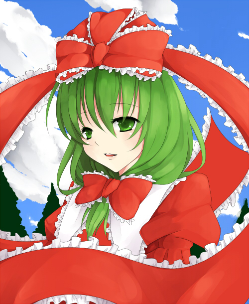 bad_id, bow, colored, frills, front_ponytail, green_eyes, green_hair, hair_bow, hair_ribbon, highres, kagiyama_hina, nanairo_neru, ribbon, smile, solo, touhou, tsukioka_shien