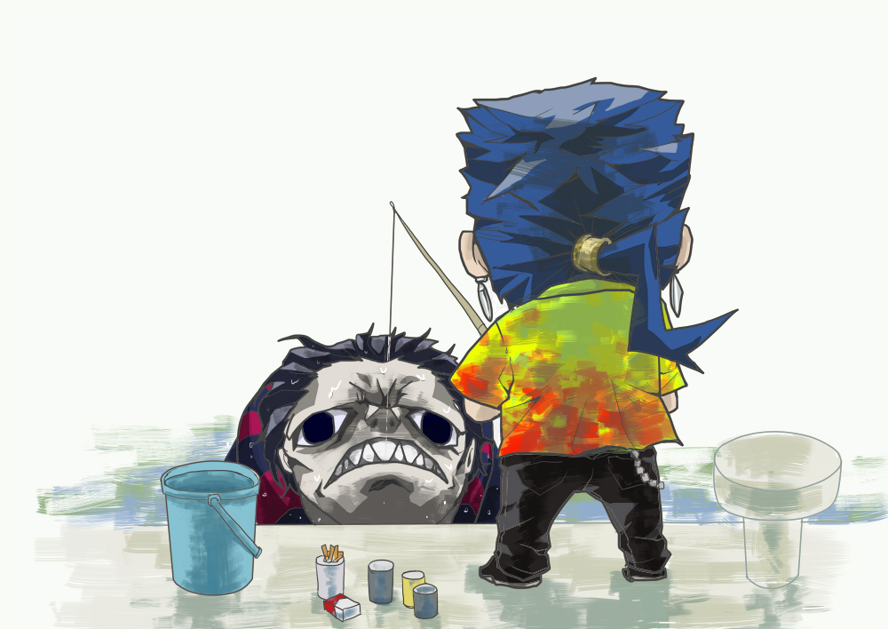 blue_hair, bucket, caster_(fate/zero), chibi, cigarette, fangs, fate/hollow_ataraxia, fate/zero
