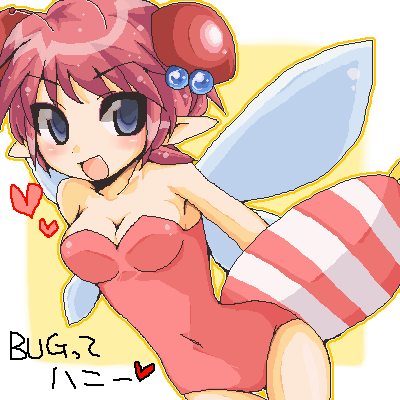 1girl, antenna, blue_eyes, blush, breasts, bug_tte_honey, cleavage, hair_bobbles