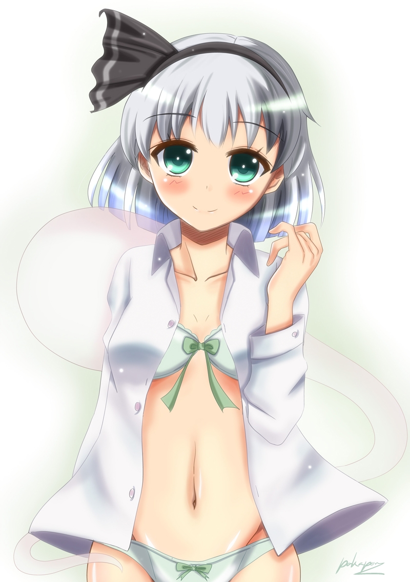 blush, bow, bra, collarbone, dress_shirt, ghost, green_bra, green_eyes, green_panties, hair_ribbon, hairband, head_tilt, hitodama, konpaku_youmu, konpaku_youmu_(ghost), lingerie, long_sleeves, looking_at_viewer, mound_of_venus, navel, no_pants, open_clothes, open_shirt, pakapom, panties, ribbon, shirt, short_hair, silver_hair, smile, solo, standing, tareme, touhou, tsurime, unbuttoned, underwear
