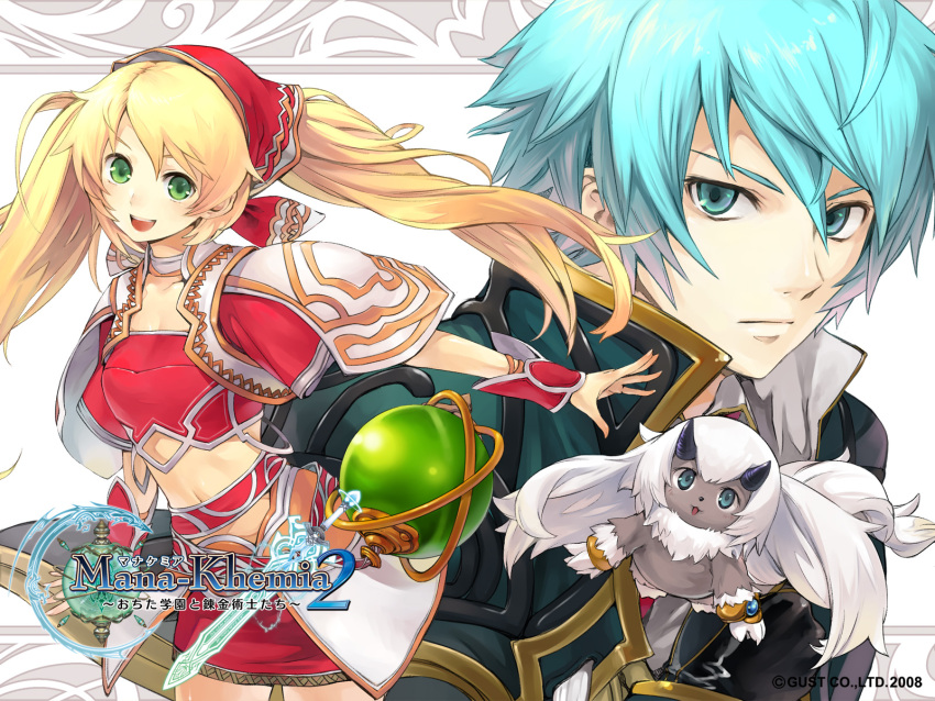 blue_hair, green_eyes, gust, highres, mana_khemia, mana_khemia_2, navel, official_art