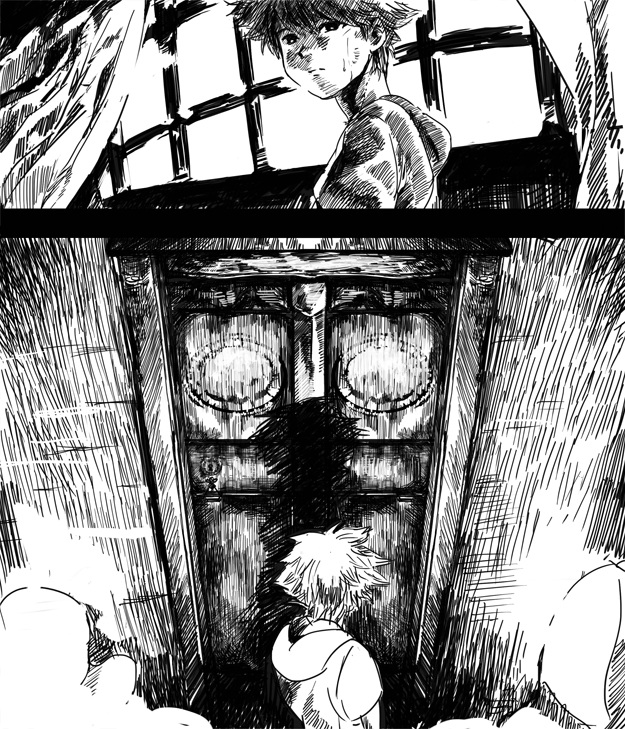 ahiru_pyaan, child, comic, door, emiya_kiritsugu, fate/zero, fate_(series), monochrome