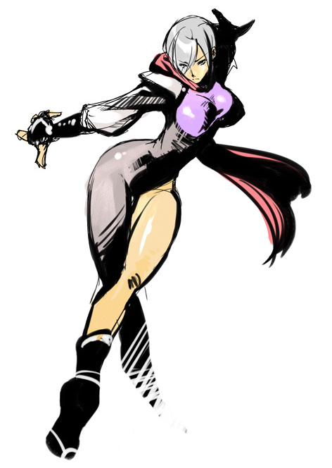 artist_request, asymmetrical_clothes, blue_eyes, bodysuit, breasts, curvy, fighting_stance, fingerless_gloves