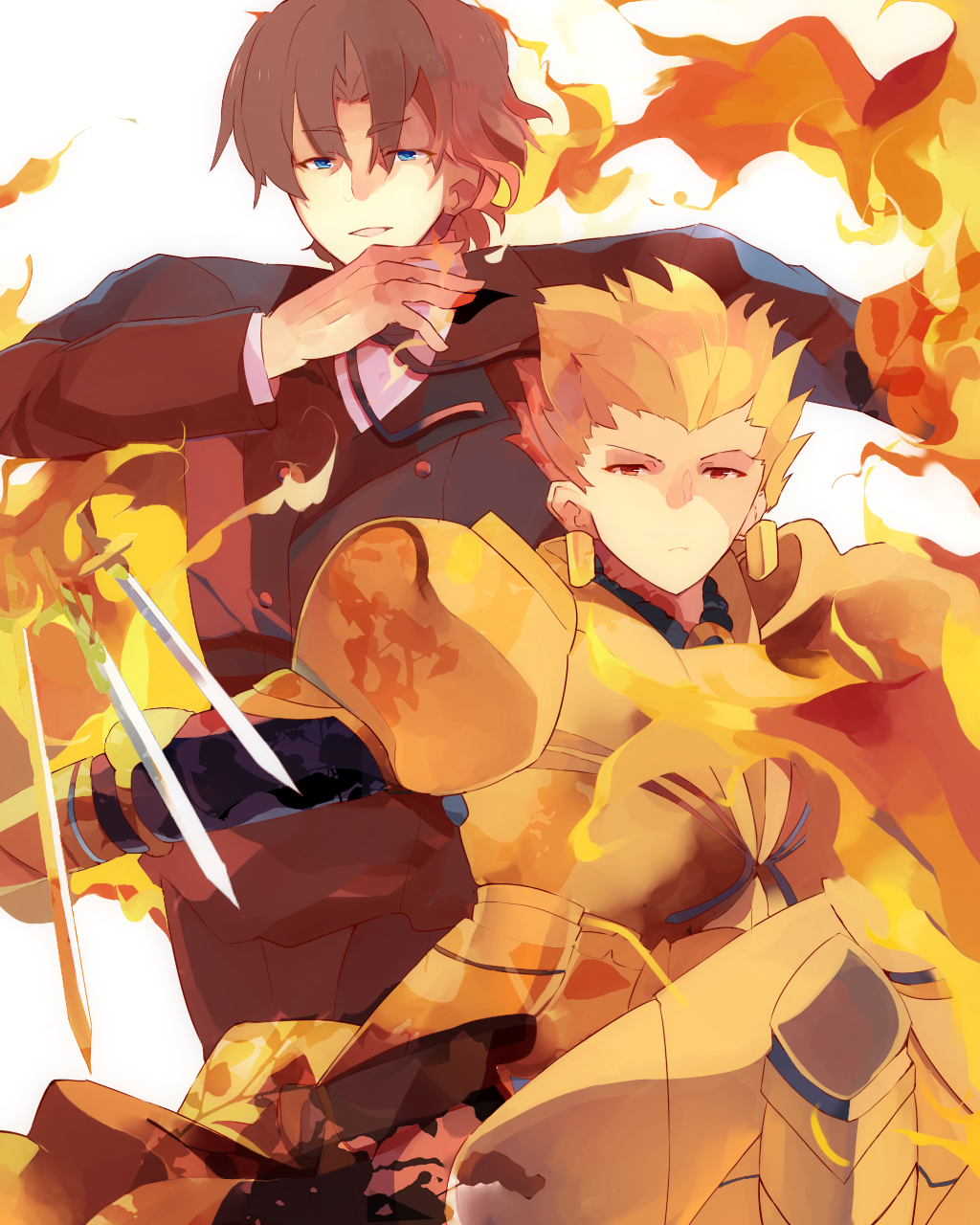 armor, blonde_hair, blue_eyes, brown_eyes, crossed_legs, earrings, fate/zero, fate_(series), formal, gate_of_babylon, gilgamesh, highres, jewelry, legs_crossed, male, multiple_boys, red_eyes, sitting, suit, sumesiumee, tohsaka_tokiomi, toosaka_tokiomi, white_background