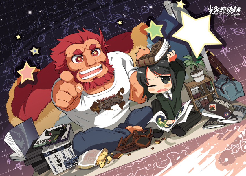 beard, black_eyes, black_hair, book, casual, chibi, facial_hair, fate/zero, fate_(series), jeans, male, multiple_boys, neko_sakana, pointing, potato_chips, red_eyes, red_hair, redhead, rider_(fate/zero), senbei, star, star-shaped_pupils, symbol-shaped_pupils, t-shirt, toy_airplane, toy_plane, waver_velvet, wince
