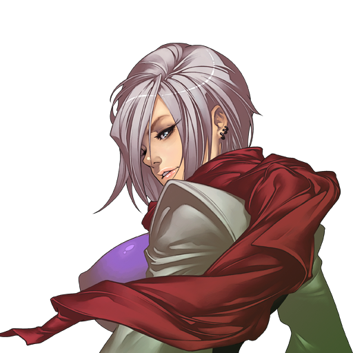blue_eyes, breasts, earrings, erect_nipples, hanzo_(yatagarasu), jewelry, large_breasts, lips, ninja, nose, official_art, profile, scarf, short_hair, silver_hair, solo, tomoyuki_kotani, transparent_background, yatagarasu_(game)