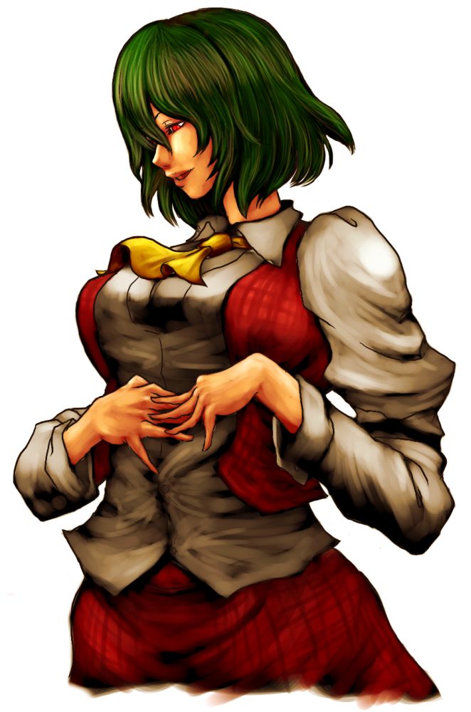 ascot, error, green_hair, kazami_yuuka, large_breasts, plaid, polydactyly, red_eyes