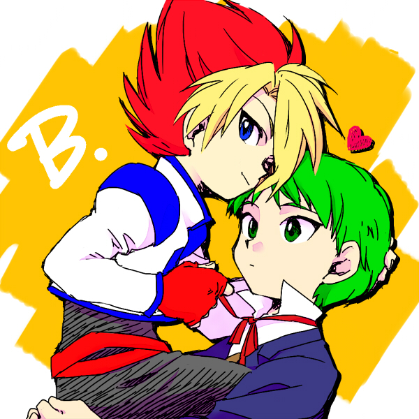 b-daman, b-densetsu!_battle_b-daman, blue_eyes, butler, cain_mcdonnell, fingerless_gloves, gloves, green_eyes, green_hair, joshua_(b-daman), multiple_boys, necktie, zw02