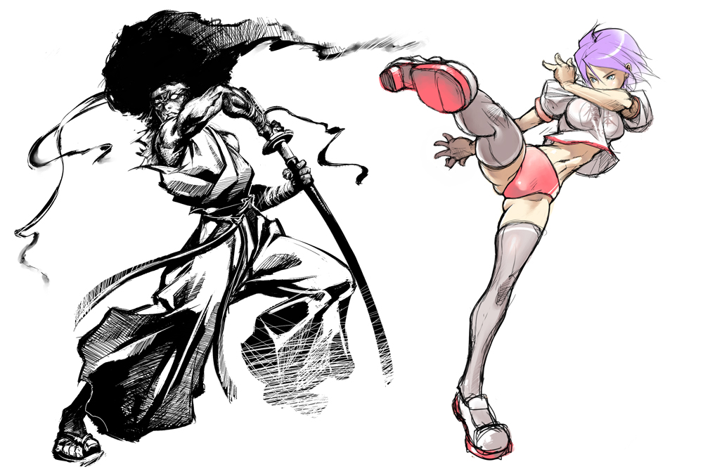 1girl, afro, afro_samurai, afro_samurai_(character), barefoot_sandals, black_legwear, blue_eyes, breasts, collage, crop_top, fighting_stance, hachimaki, hakama, headband, high_kick, hina_(yatagarasu), japanese_clothes, kicking, large_breasts, monochrome, muscle, no_pupils, purple_hair, sandals, sheath, short_hair, short_shorts, shorts, thigh-highs, thighhighs, unsheathing, yatagarasu_(game)