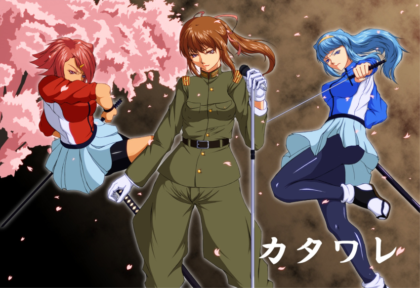 aoi_yuu, bike_shorts, blue_eyes, blue_hair, brown_hair, character_request, cherry_blossoms, epaulettes, footwear, hair_ornament, hair_ribbon, hairband, hairclip, highres, hina_(yatagarasu), katana, long_hair, loose_socks, microphone, microphone_stand, military, military_uniform, multiple_girls, pantyhose, petals, pink_eyes, pink_hair, ponytail, ribbon, scabbard, sheath, shimo_(yatagarasu), shorts_under_skirt, siblings, sisters, skirt, skirt_over_shorts, socks, sword, tabi, track_jacket, uniform, weapon, yatagarasu_(game)