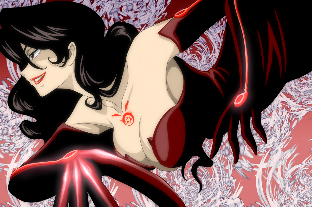 black_hair, body_mark, breasts, claws, cleavage, detached_sleeves, dress, fullmetal_alchemist, ghost_(mausuman34), grin, large_breasts, long_hair, lust, red_dress, red_eyes, sideways_mouth, smile, smirk, solo, tattoo