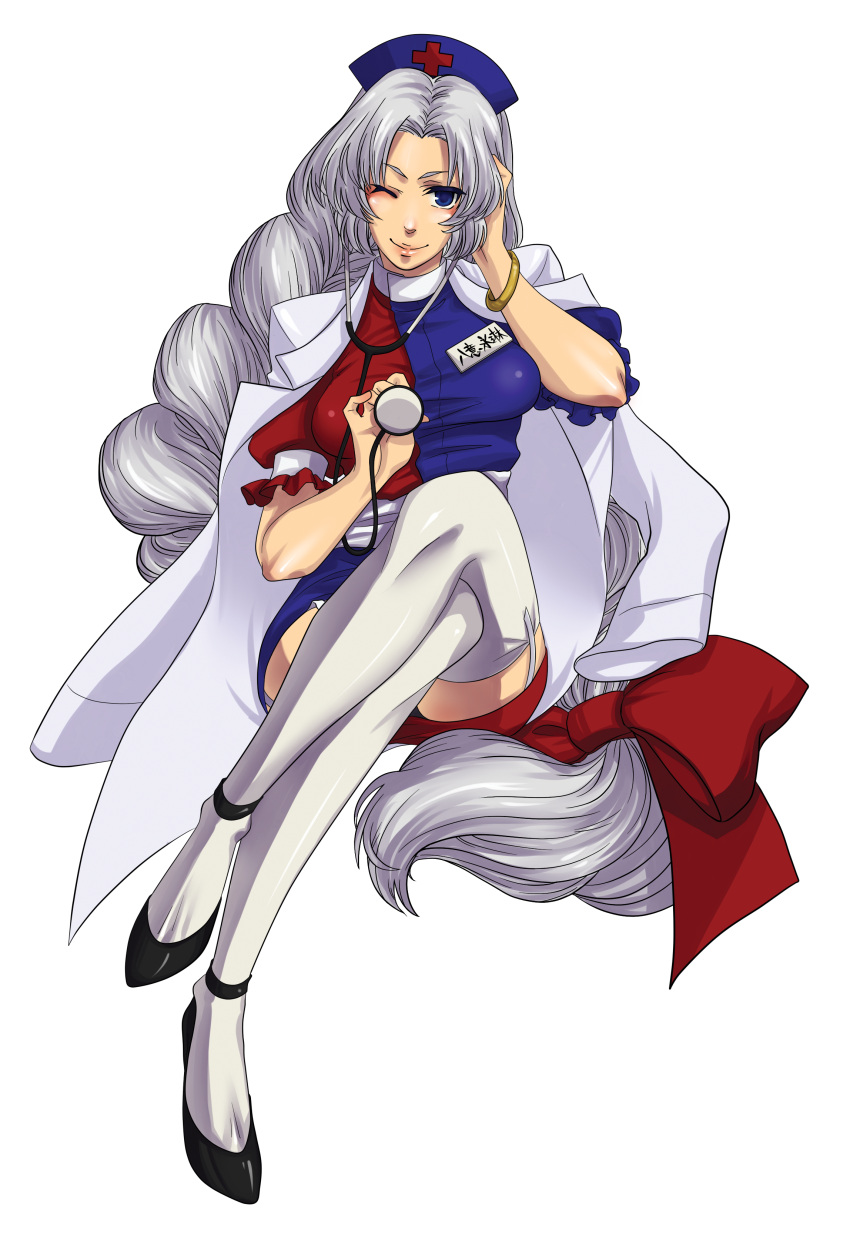 bad_id, blue_eyes, braid, crossed_legs, garter_belt, garter_straps, hat, highres