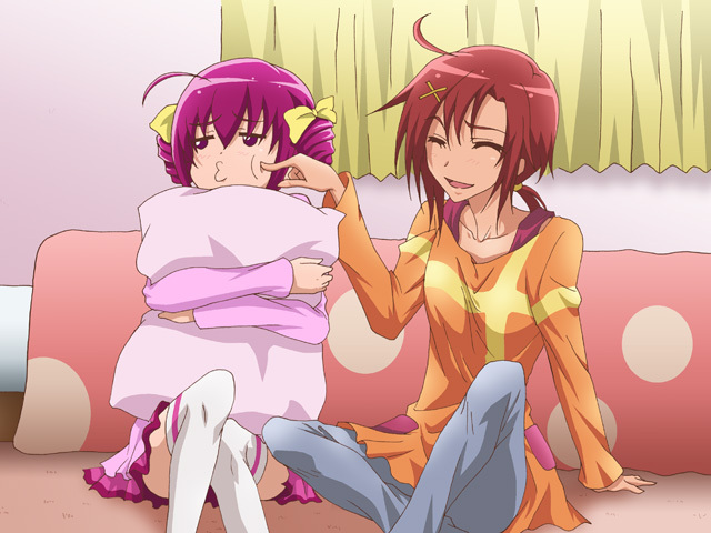 ahoge, casual, cheek_poke, closed_eyes, collarbone, drill_hair, eyes_closed, gke1avg, hair_ornament, hairclip, hino_akane, hoshizora_miyuki, multiple_girls, pants, pillow, pillow_hug, pink_eyes, pink_hair, poking, ponytail, precure, red_hair, redhead, sitting, smile_precure!, twin_drills