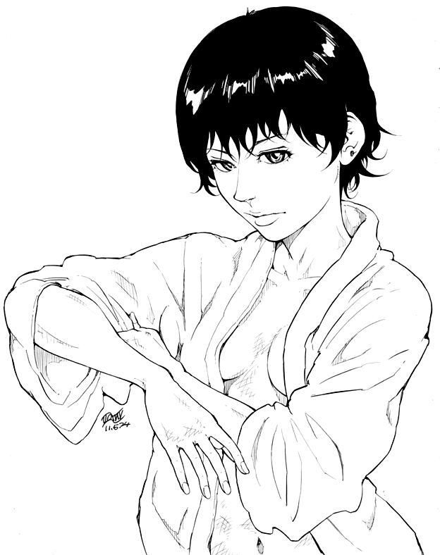 1girl, akira, black_hair, breasts, cleavage, earrings, jewelry, kei_(akira)