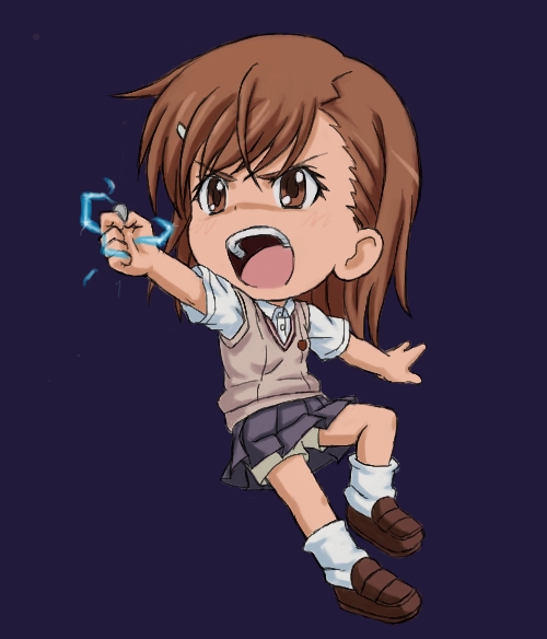angry, biribiri, brown_hair, chibi, destiny30229, hair_ornament, hairpin, misaka_mikoto, short_hair, shorts, solo, to_aru_kagaku_no_railgun, to_aru_majutsu_no_index