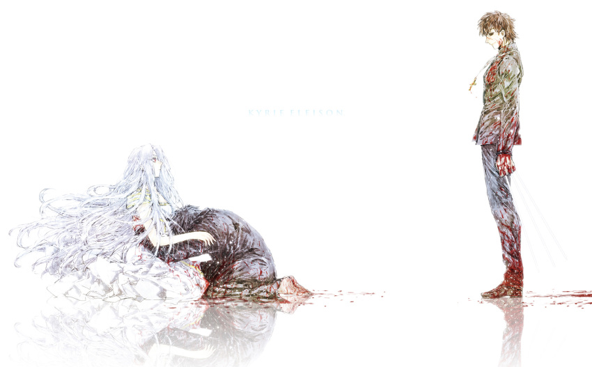 2boys, barefoot, black_hair, blood, brown_eyes, brown_hair, cross, cross_necklace, dress, emiya_kiritsugu, fate/zero, fate_(series), highres, irisviel_von_einzbern, jewelry, kneeling, kotomine_kirei, long_hair, masafumi, multiple_boys, necklace, red_eyes, white_hair